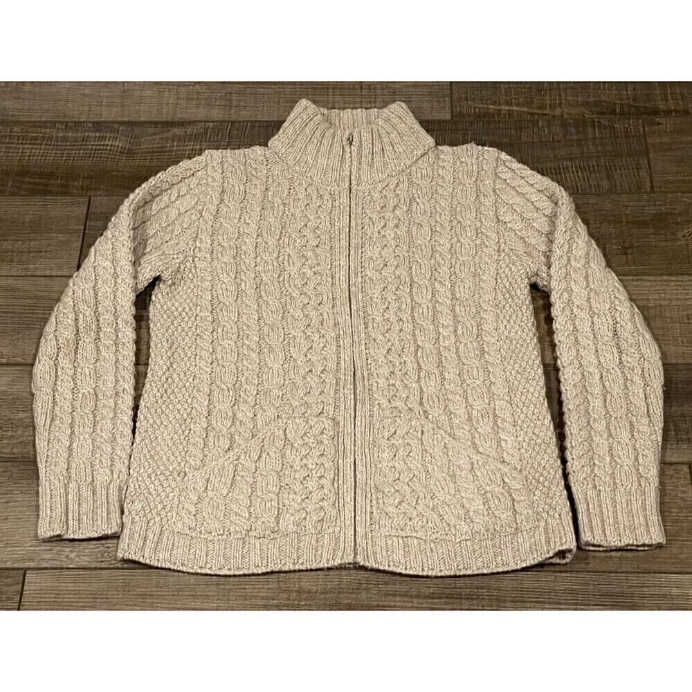 Inis Crafts Women Merino Wool Cable Knit Full Zip Cardigan Sweater Small Oatmeal